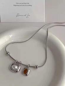 韩国时尚复古几何虎眼石仿珍珠吊坠银色蛇形链颈链女士珠宝 - 銀色 - 查看 6