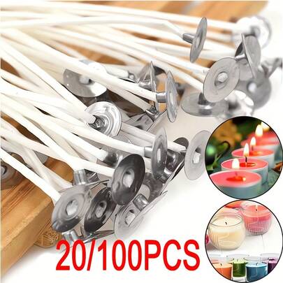 20/100 件棉质蜡烛芯，预蜡，无烟，燃烧时间长，适用于 DIY 蜡烛制作派对用品