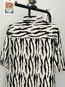 Women's Fashion Zebra Print Button Detail Loose Fit Short Sleeve Shirt, Regular Length - Black and White - View 5