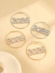 1 Pair Fashionable Classic Simple Rhinestone 2026 Geometric Round Pendant Earrings, Versatile Gift For New Year Party