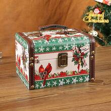 Weihnachtsstil PU-Leder Retro-Schmuckaufbewahrungsbox aus Holz mit Griff ID-Aufbewahrung Schatz Holzbox Kleinigkeiten Aufbewahrungsbox Weihnachtsgeschenk Heimdekoration Weihnachtsfeier Tischdekoration Multifunktionale Schmuckschatulle Kosmetikaufbewahrungsbox Feiertagsgebrauch