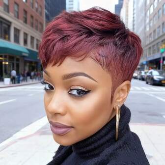 [Burgundy Red Pixie Cut Wig] Stylish Burgundy Red Pixie Cut Wig For Women - 100% Density Machine-Made Synthetic Short Layered Wig With Bangs, Rose Net Cap For Daily Wear, Parties, Music Festivals & Halloween, Hair Wig, Festival Hairpiece, Party Accessory, Elegant Hairpiece