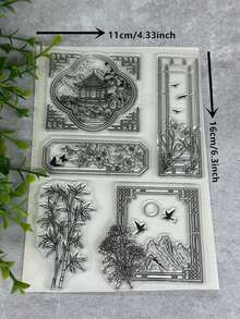 Bamboo Pavilion Transparent Rubber Stamp Retro Rubber Transparent Card Special Record Pattern Making Stamp DIY Scrapbook Photo Magazine Album Decoration Stamp - Black - View 5