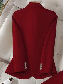 Solid Color Single Button Long Sleeve Single-Breasted Waistcoat Suit Pants Two-Piece Set - táo tàu đỏ - Xem 4