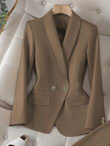 Solid Color Single Button Long Sleeve Single-Breasted Waistcoat Suit Pants Two-Piece Set - màu nâu - Xem 3