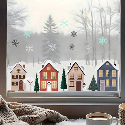 1 Set Of Contemporary Christmas Window Clings - Watercolor House And Snowflake Design, Semi-Matte PVC, Self-Adhesive, Detachable, Single Use, For Home And Kitchen Decoration
