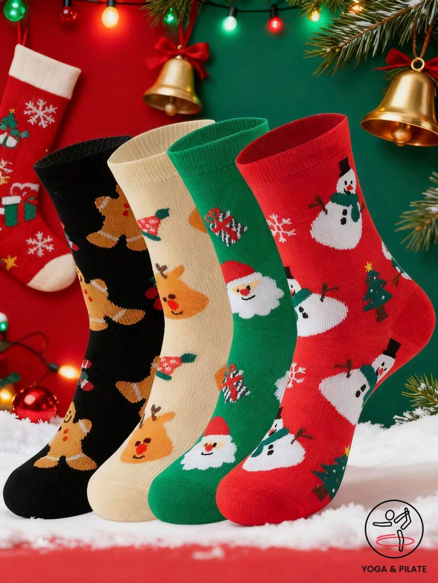 4 Pairs Crew Socks, Holiday Sports Socks, Unisex Christmas Cartoon Crew Socks For Autumn/Winter