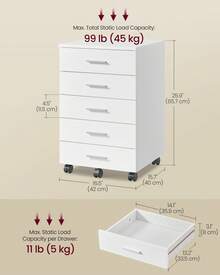 VASAGLE 5-Drawer Filing Cabinet, Mobile File Cabinet For Home Office, Small Rolling Filing Cabinet, Printer Stand, White - White - View 5