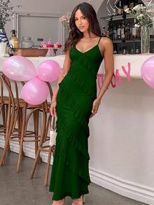 Women's Backless Bodycon Spaghetti Strap Elegant Ruffle Maxi Cocktail Party Dresses, 2025 QMO3 - Dark Green - View 9