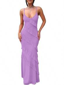 Women's Backless Bodycon Spaghetti Strap Elegant Ruffle Maxi Cocktail Party Dresses, 2025 QMO3 - Purple - View 11