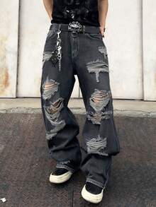 1 chiếc quần jeans ống rộng rách rưới dành cho nam, kiểu dáng vintage Mỹ, phong cách đường phố, dáng rộng thoải mái (Sản phẩm không bao gồm thắt lưng và phụ kiện) - Màu xanh bụi bặm - Xem 5