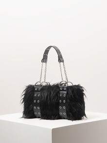 女士单肩包，毛绒钱包，金属链条，拼接设计，金属孔眼，个性化定制，街头风，Y2K风格，朋克摇滚，哥特风，秋冬款，日常通勤，购物必备，多功能（图案随机） - 黑色 - 查看 2