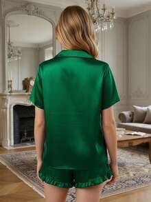 Womens 2 Piece Satin Pajamas Set Short Sleeve Button Up Shirt + Ruffled Shorts Set Lounge Clothes - Green - View 2