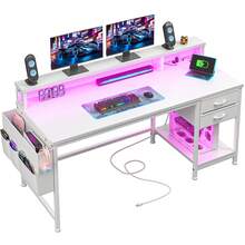 48"W Computer Desk With LED Strip & 2 Drawers & Storage Bag Corner Desk With Power Outlets & Monitor Stand For Bedroom, Gaming Room - Xem 1
