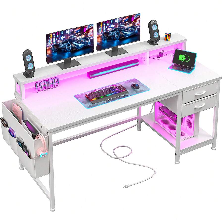 48"W Computer Desk With LED Strip & 2 Drawers & Storage Bag Corner Desk With Power Outlets & Monitor Stand For Bedroom, Gaming Room - Xem 1