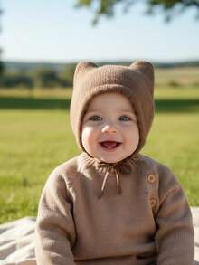 1pc Baby/Toddler Girls' Coffee Color Warm Knit Hat, Infant Winter Earflap Hat, Minimalist Design, Autumn/Winter