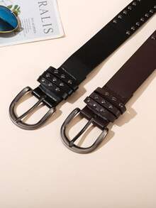 1pc/2pcs Women's Metal Buckle Double Row Rivet Solid Color Punk PU Leather Solid Stud Decor Waist Belt Accessory, Suitable For School, All Seasons, Gift For Women