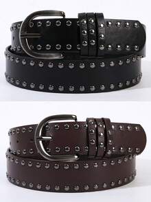 1pc/2pcs Women's Metal Buckle Double Row Rivet Solid Color Punk PU Leather Solid Stud Decor Waist Belt Accessory, Suitable For School, All Seasons, Gift For Women