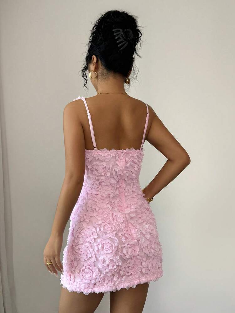 Women's Pink Solid Color Spaghetti Strap Backless Zipper A-Line Mini Dress With Floral Applique, Waist Cinched, Square Neck, Sexy & Elegant, Suitable For Dates, Parties, New Year, Valentine's Day, Ramadan - Pink - View 3