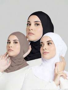 3 Piece Women's Fashion Solid Color Combo Set Including: Elastic Chin Cover, Hijab, And Head Scarf, Suitable For Daily Wear, With Abaya For Dress
