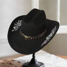 Women Men Embroidery Cowgirl Hat Wide Brim Cattle Head Belted Wool Hat Felt Jazz Cap For Party - 黑色 - 查看 4