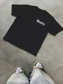 [Sporty T-Shirt]1pc Modelo Graphic Print Men's 100% Cotton T-Shirt,  Casual Sports Style Top T-Shirt,  Fashionable Street Style, Suitable For Travel And Sports WearRelaxed Plus Size T-Shirt - 黑色 - 查看 6