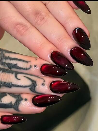 24 tiras de uñas de almendra de alta gama hidratantes, brillantes y minimalistas con forma de ojo de gato de color borgoña de longitud media-larga + 1 gel de gelatina + 1 lima de uñas, adecuado para mujeres/damas, aplicable para uso diario, fiestas, bailes y otras ocasiones