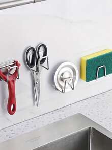 1pc Stainless Steel Sink Sponge Holder - No Drilling Required, Wall-Mounted Design, Dual Hooks, Perfect For Holding Sponges And Small Tools, Keeps Countertop Clean, Suitable For Dish Sponges, Stainless Steel Kitchen Sink Organizer - Adhesive Installation, No Drilling Sponge Holder And Drainer | Wall-Mounted Storage Hooks For Hanging Clothes And Accessories, Rust-Resistant Stainless Steel Sink Caddy - Keeps Your Kitchen Accessories Dry And Organized! - Multicolor - View 8