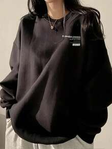 女士休闲标语印花宽松舒适卫衣，适合居家、日常通勤、秋冬季穿着，黑色春季款 - 黑色 - 查看 3