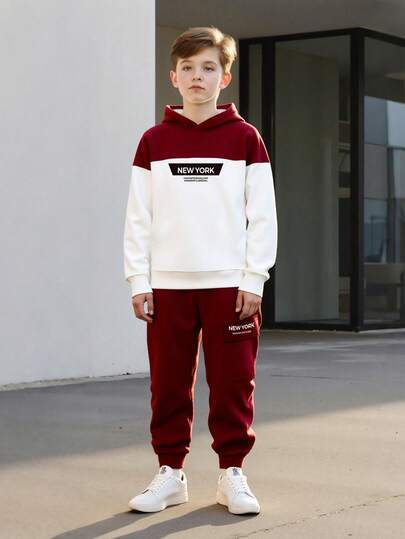 Tween Boys Spring/Autumn 2-Piece Set, Letter Print Hooded Sweatshirt & Casual Pants With Large Pockets, Comfortable Outdoor Street Style Outfit