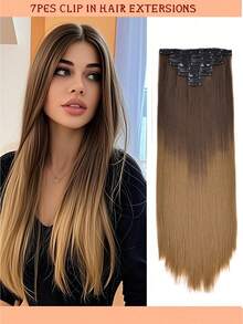 Extensii de păr sintetice lungi și drepte cu clips, 22 inch, 16 clipsuri, 220 g, clipsuri în perucă pentru temperaturi ridicate, pentru femei - Multicolor - Vizualizare 15
