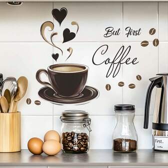 1 pieza Pegatina de pared de taza de café con forma de corazón creativa, decoración de cocina y comedor, autoadhesiva, resistente al aceite, material de PVC extraíble