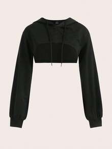 Sudadera corta para mujer, chaqueta deportiva con capucha y cordón, adecuada para combinar con sujetadores deportivos, ideal para actividades al aire libre, correr, yoga, tenis, bádminton - Negro - Ver 4