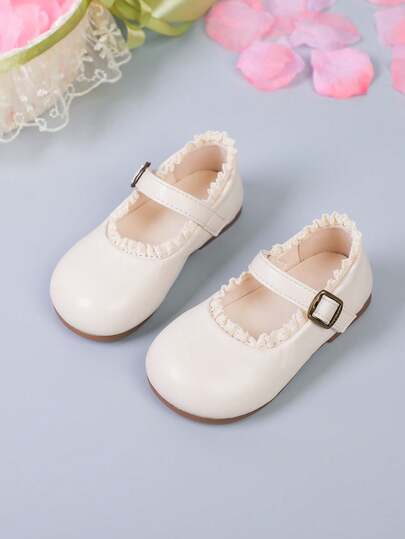 1双女童休闲蕾丝装饰平底鞋，舒适时尚的日常穿脱鞋