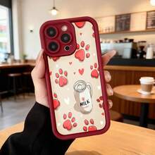 Phone Case With Black Border And Design Of Red Cat Paws, Hearts, And A Milk Jug With The Text MILK - Cute Style For Daily Use In Cafes And Living Rooms Suitable For Apple Series Phones