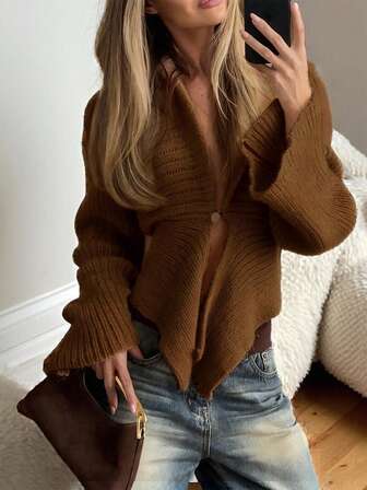 2025 Nuevo Cárdigan de punto personalizado de manga larga, cómodo y suave, de estilo elegante y de oficina, de unicolor para mujer