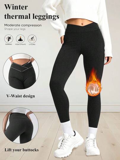 女士V腰保暖打底裤 - 柔软保暖内衬，弹力保暖，交叉腰带设计，高腰显瘦裤，适合秋冬季节，纯黑色，休闲舒适修身裤，保暖内衬打底裤