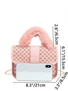 1pc Girls Vintage Print Plush Handbag, Cute Metal Chain Crossbody Bag, Casual Date Phone Pouch, Ideal Gift - Pink - View 2