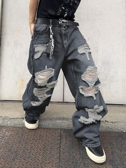 1pc Men's Distressed Wide Leg Jeans, Retro American Style Ripped High Street Casual Loose Long Pants (Belt And Accessories Not Included)