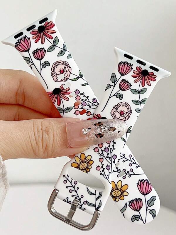 1 szt. Silikonowy pasek w stylu brytyjskim z nadrukiem kwiatów i trawy, kompatybilny z paskiem 38 mm, 40 mm, 41 mm, 42 mm, 4 mm, 45 mm, 49 mm (S10 42) mm (S10 46) mm, damski, modny kwiatowy wzór, wygodny, wymienny, wodoodporny pasek sportowy, kompatybilny z Series 11 Ultra 3 SE3 Ultra 2 S10 SE2 9 8 7 SE 6 5 4 3 2 1, sportowy i modny pasek do smartwatcha, damskie paski do zegarków, eleganckie akcesoria do zegarków damskich