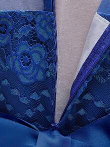 Tween Girls Long Sleeve Lace Beaded 3D Floral Mesh Elegant Piano Recital Dress, Suitable For Birthday Party, Ball, Excludes Headband - 寶藍色 - 查看 9