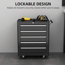 HOMCOM 5 Drawer Roller Tool Chest, Mobile Lockable Toolbox, Storage Organizer With Handle For Workshop Mechanics Garage, Black - Black - View 6