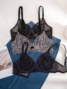 3pcs Women Plus Size Solid Color, Strawberry & Leopard Print Padded Bras - Multicolor - View 4