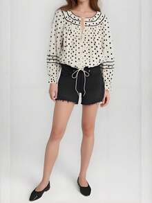 Tie-Up Front Crew Neck Blouse For Women Polka Dot Loose Fit Long Sleeve Shirt Relaxed Boho Tops Pleated Shirts Daily Work Vacation - White - View 4