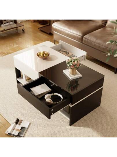 Moderne Coffee Tafel Drawers Zwart Wit Storage Space, High Gloss Tabletop, 100 Cm Long view 6