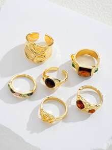 6pcs/Set Vintage Geometric Floral Gemstone Bling Asymmetrical Textured Faux Tiger Eye Exaggerated Wide Band Rings Set, Suitable For Holiday, Party, Date, Gift, Daily Wear