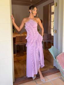 Bohemia Women's Elegant Backless Long Skirt Sleeveless High Waisted Pleated Ruffle Party Dance Evening Gown - 紫色 - 查看 1