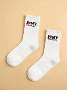 2 Pairs Couple Crew Socks, White Heart Pattern, Minimalist & Fashionable, Versatile, Cute, Soft & Comfortable, Moisture-Wicking, Back To School, Fall - White - View 7