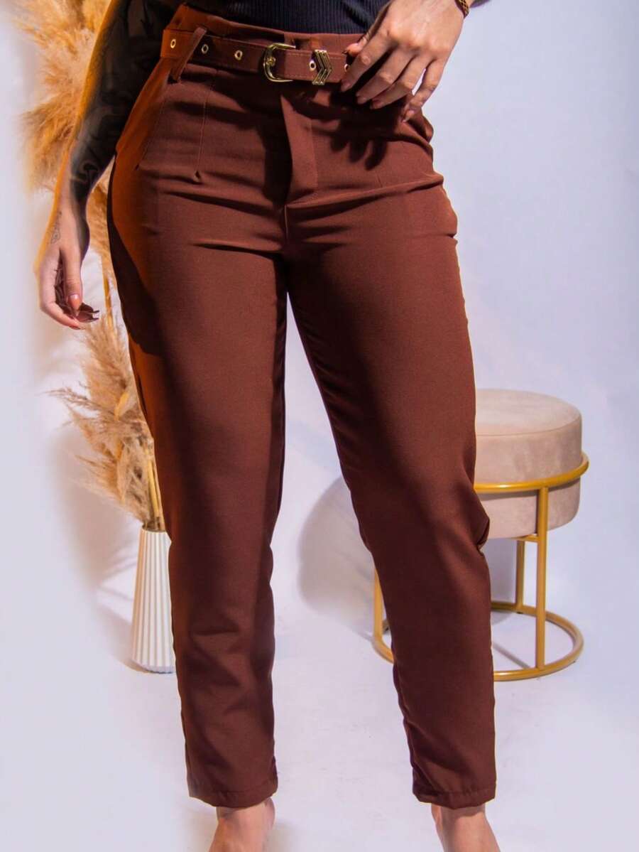 Women's Tailored Trousers With Elegant Buckle Belt And Pocket, Skinny High Waist - 鏽棕色 - 查看 1