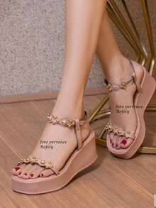 Comfort Sandal Platform Wedge Flat Papete ABS Detail 2 Straps Bohemian Y2K PU Leather Chain Office Party Wedding Home - 裸體 - 查看 7